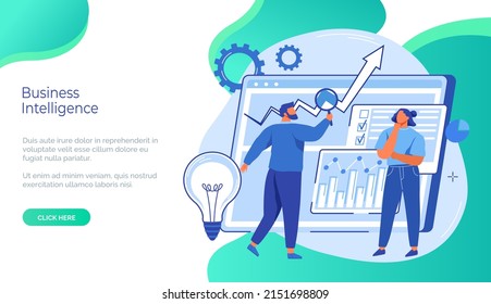Business intelligence concept. Website landing page template. People work with financial data for business development. Colleagues analyze statistical indicators. Successful work with project
