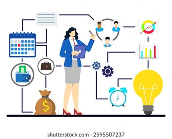 Business intelligence concept. A woman explaining things to obtaining analytical information for making strategic business. Problem solving, management tools, enterprise strategy development. 