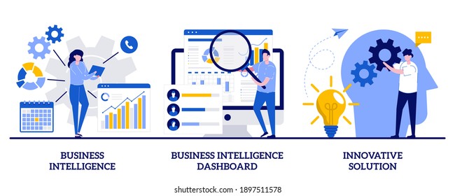 Business Intelligence, Intelligence Dashboard, Innovative Solution Concept With Tiny People. Performance Tools And Software Solutions Abstract Vector Illustration Set. Data Analysis, KPI Metaphor.