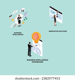 Inteligencia de negocios, tablero de inteligencia, concepto innovador de ilustración isométrica de vector 3d
