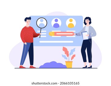 Business intelligence dashboard. Man and girl analyzing information. Employees looking at profiles. Personages with magnifying glass look at screen, user, web. Cartoon flat vector illustration