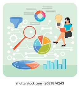 Business intelligence data analysis for business insight. Business Woman woman sits with a laptop, surrounded by colorful charts, graphs, and gears, symbolizing data analysis, insights, and innovation