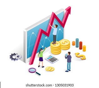 Business Intelligence and Data Analysis isometric concept. Business people with tablet and financial charts on a white background. Online team management. Flat style vector illustration
