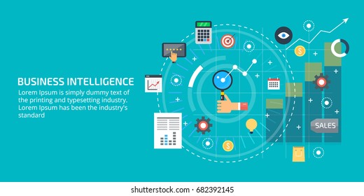 Business intelligence, business data analysis, market research flat vector banner with icons isolated on light background