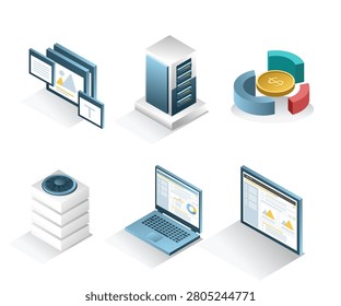 Business Intelligence and Data Analytics Icons Set with Server Dashboard Responsive Web Design Database Infrastructure and Financial Reporting