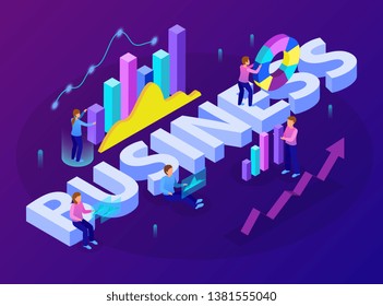 Business intelligence data analytics managing service advanced software   marketing isometric composition glow purple background poster vector illustration