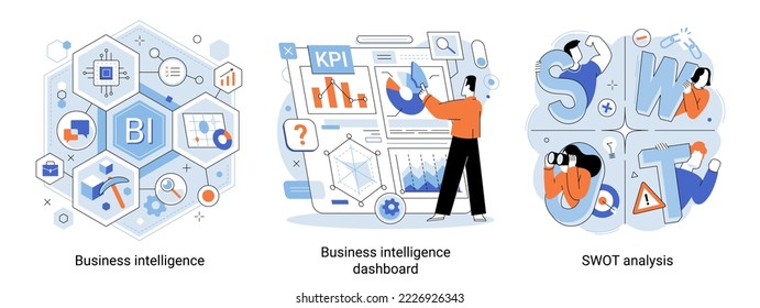 Business intelligence, business data management, swot analysis, market research flat vector set. Enterprise strategy development. Analytics information and working statistics, strategic planning