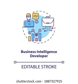 Business Intelligence Developer concept icon. Creating technology. Futuristic mind manufacturing. Careers in AI idea thin line illustration. Vector isolated outline RGB color drawing. Editable stroke
