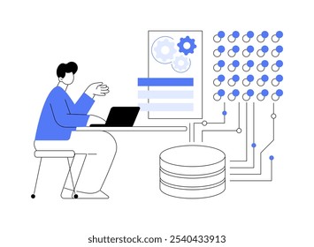 Desarrollador de inteligencia de negocios Ilustraciones vectoriales de dibujos animados aislados. Sistemas de informes de programación para desarrolladores de BI, tecnología de TI, transferencia de datos, big data, dibujos animados de Vector de aprendizaje automático.