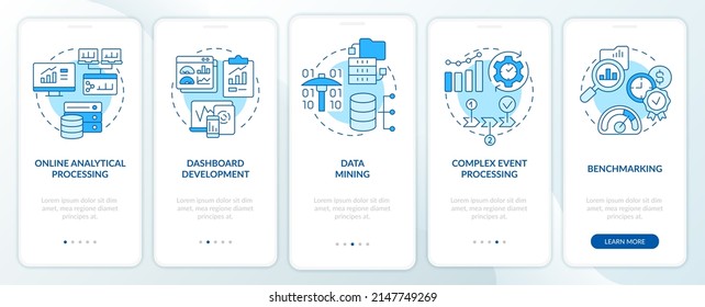 Business intelligence examples blue onboarding mobile app screen. Walkthrough 5 steps graphic instructions pages with linear concepts. UI, UX, GUI template. Myriad Pro-Bold, Regular fonts used