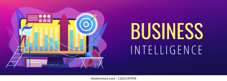 Business intelligence experts transform data into useful information. Business intelligence, business analysis, IT management tools concept. Header or footer banner template with copy space.