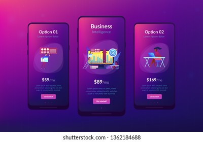 Business intelligence experts transform data into useful information. Business intelligence, business analysis, IT management tools concept. Mobile UI UX GUI template, app interface wireframe
