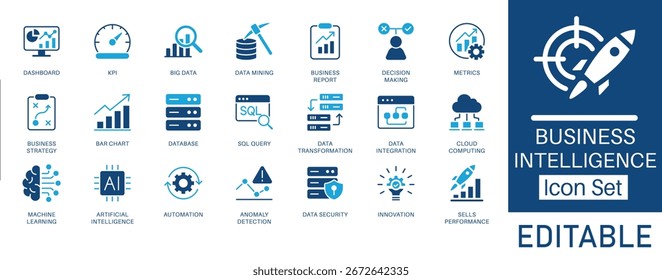 Conjunto de iconos planos de Business Intelligence. Incluye símbolos para Big Data, IA, Dashboard, Automatización y KPI. Iconos vectoriales para Web, presentaciones e infografías.