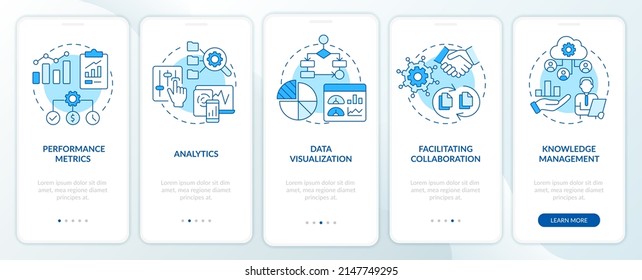 Business intelligence functions blue onboarding mobile app screen. Walkthrough 5 steps graphic instructions pages with linear concepts. UI, UX, GUI template. Myriad Pro-Bold, Regular fonts used