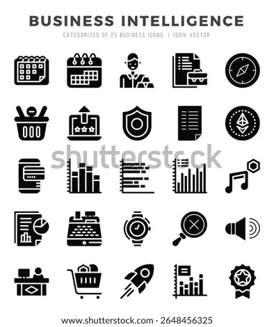 Business Intelligence Glyph icons collection. Glyph icons pack. Vector illustration