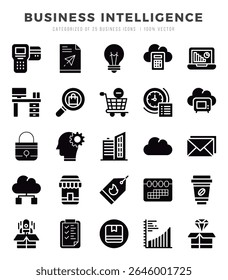 Ícones de Glifos do Business Intelligence. Ilustração do glifo vetorial.