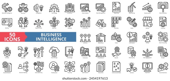 Conjunto de colecciones de iconos de Business Intelligence. Contiene tecnología, Empresa, análisis de datos, gestión, informes, minería, icono de rendimiento. Vector de línea simple.