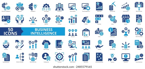 Conjunto de colecciones de iconos de Business Intelligence. Contiene tecnología, Empresa, análisis de datos, gestión, informes, minería, icono de rendimiento. Sencillo Vector plano.