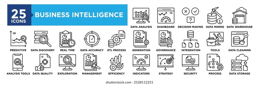 Business Intelligence-Symbolsammlung. Enthalten Design-Business, Technologie, Daten, Intelligenz, Analyse