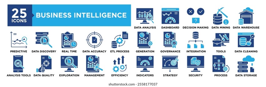 Business Intelligence icon collection set. Containing design business, technology, data, intelligence, analysis	
