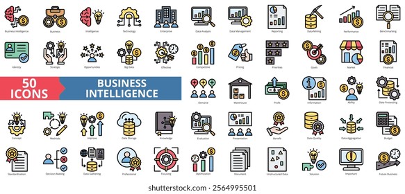 Business intelligence icon collection set. Containing technology, enterprise, data analysis, management, reporting, mining, performance icon. Simple flat outline vector illustration