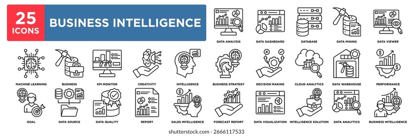 Business Intelligence icon collection set. Containing design data dashboard, data analysis, database, data mining, data viewer
