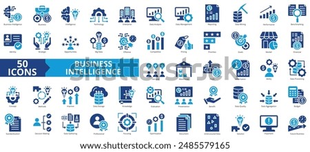 Business intelligence icon collection set. Containing technology, enterprise, data analysis, management, reporting, mining, performance icon. Simple flat vector.