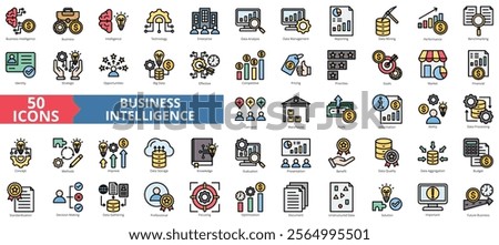 Business intelligence icon collection set. Containing technology, enterprise, data analysis, management, reporting, mining, performance icon. Simple flat outline vector illustration