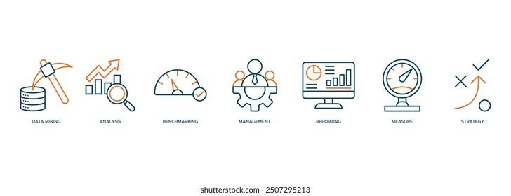 Business Intelligence icon for business plan, data mining, analysis, Strategy, measurement, benchmarking, report and management banner web 