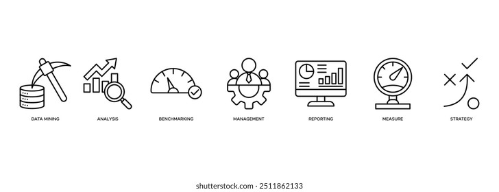 Business Intelligence icon for business plan, data mining, analysis, Strategy, measurement, benchmarking, report and management banner web