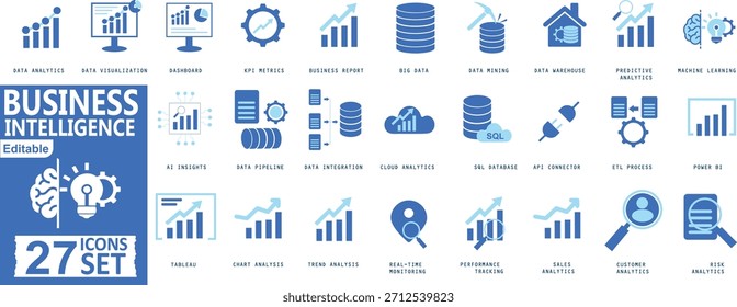 Business Intelligence Icon Set Análisis de datos Visualización Dashboard Aprendizaje automático Insights AI Proceso ETL Seguimiento de rendimiento Informe Vector