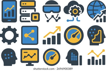 Conjunto de iconos de Business Intelligence que representa análisis, procesamiento de datos, inteligencia artificial y Tecnología en estilo plano