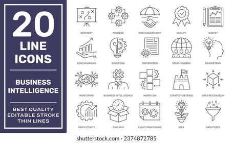 Business Intelligence icon set. Different Business Intelligence tools. Business Integration model. Editable Stroke. EPS 10