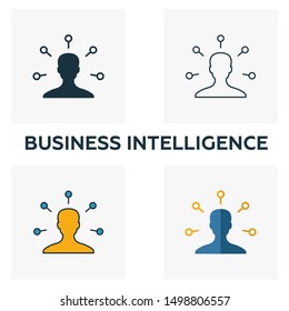 Business Intelligence icon set. Four elements in diferent styles from industry 4.0 icons collection. Creative business intelligence icons filled, outline, colored and flat symbols.