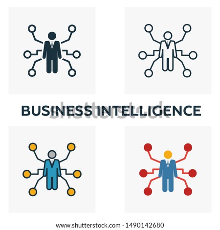 Business Intelligence icon set. Four elements in diferent styles from business management icons collection. Creative business intelligence icons filled, outline, colored and flat symbols.