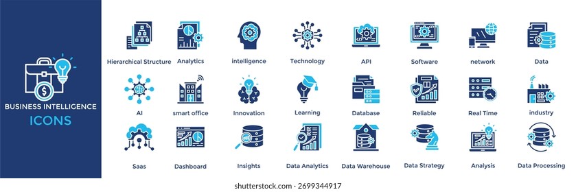 conjunto de ícones do business intelligence. com ícone Estrutura Hierárquica, Analítica, inteligência, Tecnologia, API