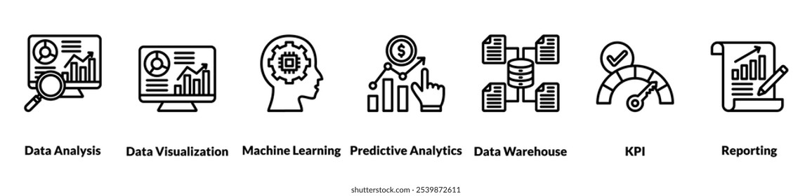 Conjunto de ícones de business intelligence com ícones de análise de dados, visualização de dados, aprendizado de máquina, análise preditiva, data warehouse, indicadores-chave de desempenho, emissão de relatórios