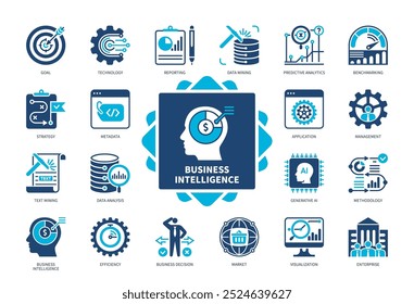 Conjunto de iconos de Business Intelligence. Estrategia, Gestión, Benchmarking, Análisis de datos, Eficiencia, Minería de datos, Informes, Mercado. Iconos sólidos de color duotono