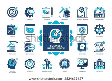Business Intelligence icon set. Strategy, Management, Benchmarking, Data Analysis, Efficiency, Data Mining, Reporting, Market. Duotone color solid icons