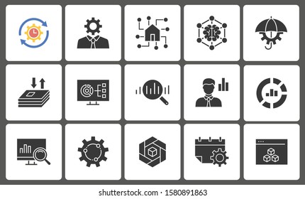 Business Intelligence icon set, such as machine learning, data modeling, visualization and more. Black vector illustrations isolated on white.