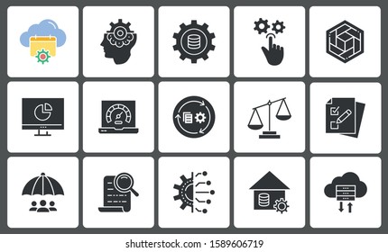 Business Intelligence icon set, such as business intelligence, machine learning, data modeling, visualization and more.