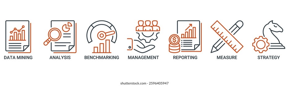 Business intelligence icon set. Vector illustration concept with icon of data mining, analysis, benchmarking, management, reporting, measure, and strategy icons outline symbol background.