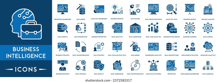 Conjunto de líneas vectoriales de iconos de Business Intelligence. Contiene iconos lineales de esquema como Visualización de datos, Administración y análisis de datos, Servicio analítico, Gestión de riesgos, Estrategia.