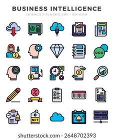 Pacote de Ícones de Business Intelligence. Ícones de estilo de Cor Linear. Ilustração vetorial.