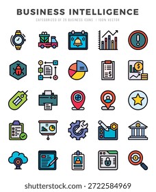 Conjunto de ícones do Business Intelligence. Coleção de ícones simples da Web de cores lineares.