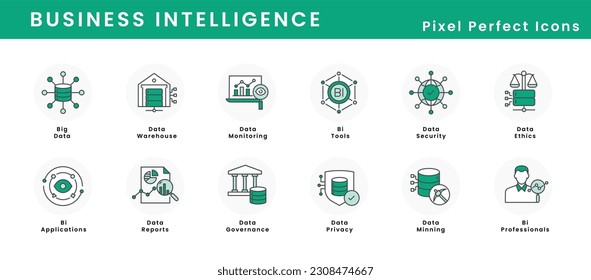 Business Intelligence Icons - A Set of High-Quality Icons for Business Intelligence like Big Data, Data Warehouse, Mining, Ethics, Governance, and more.