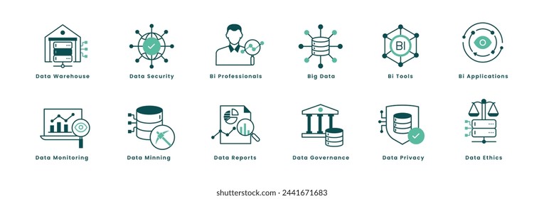 Business Intelligence Icons - A Set of High-Quality Icons for Business Intelligence like Big Data, Data Warehouse, mining, Ethics, Governance, and more.