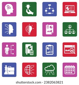 Business Intelligence Icons. White Flat Collection In Square. Vector Illustration.