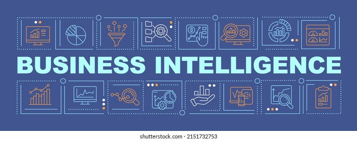 Business intelligence implementation word concepts dark blue banner. Infographics with icons on color background. Isolated typography. Vector illustration with text. Arial-Black font used