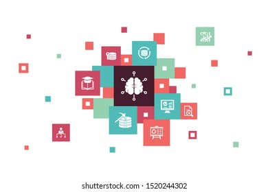 Business intelligence Infographic 10 steps pixel design. data mining, knowledge, visualization, decision icons